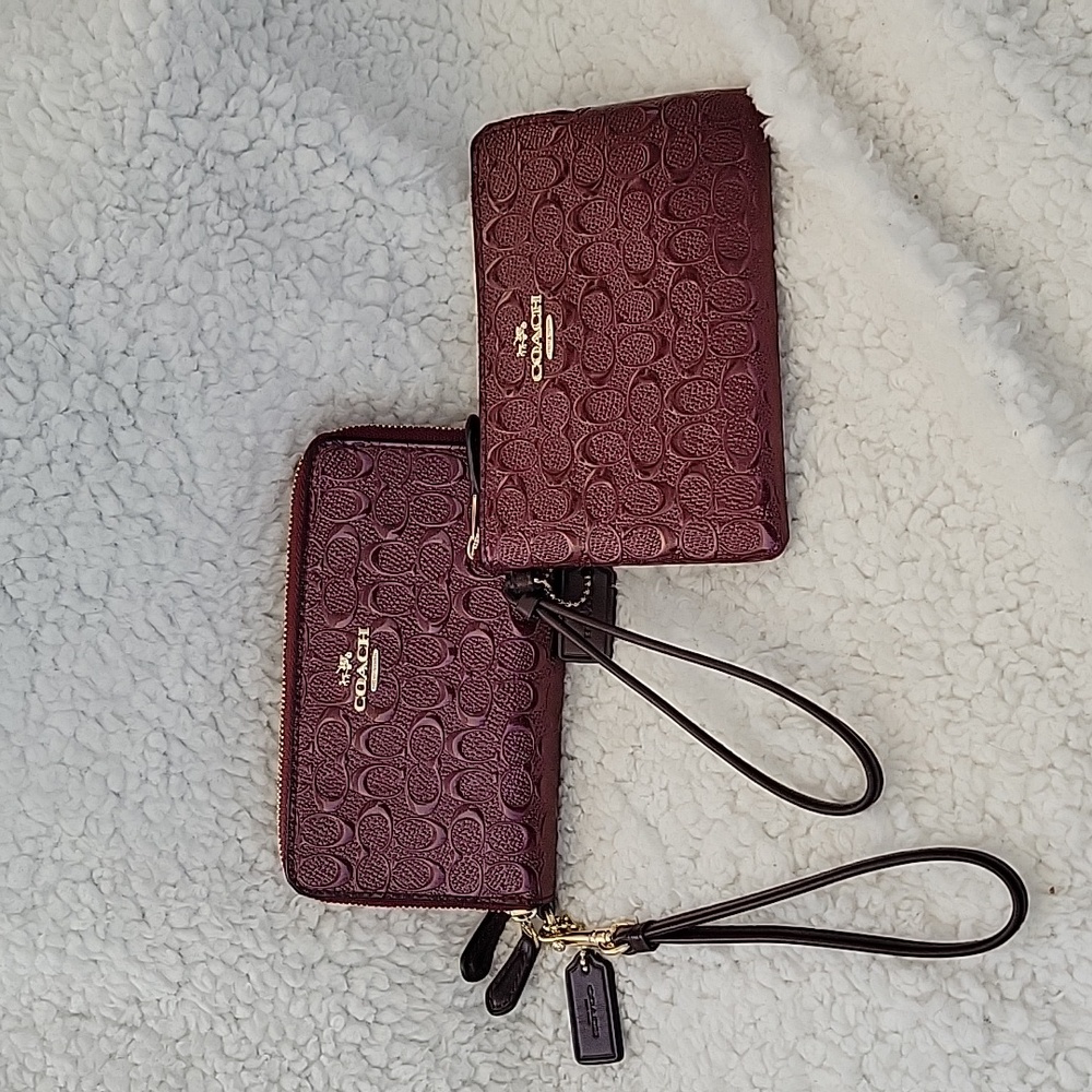 Coach Double Zip Phone Wallet and Matching Wristlet, Red Wine, patent leather